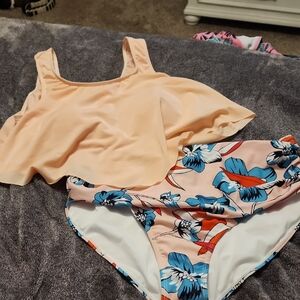 Peach Ruffle Bikini Top with Floral High-Waisted Bottoms